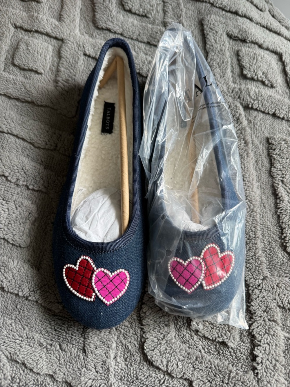 Talbots Navy Slipper Flats with Pink and Red Heart Appliqués